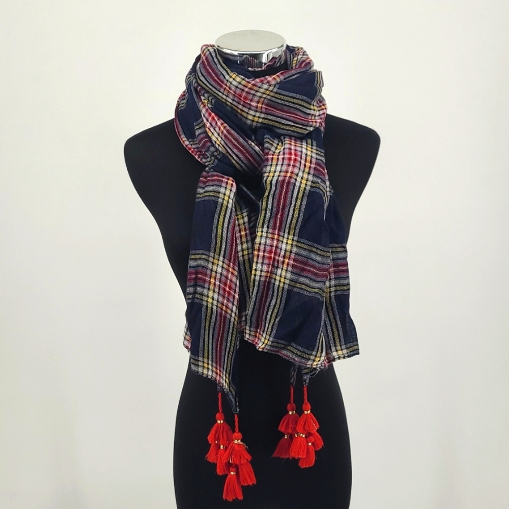 Crown & Ivy Navy Plaid Scarf w/ Red Tassles